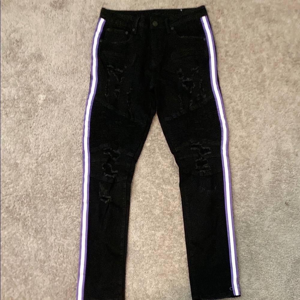 Men's Black Jeans with White/Purple Stripes